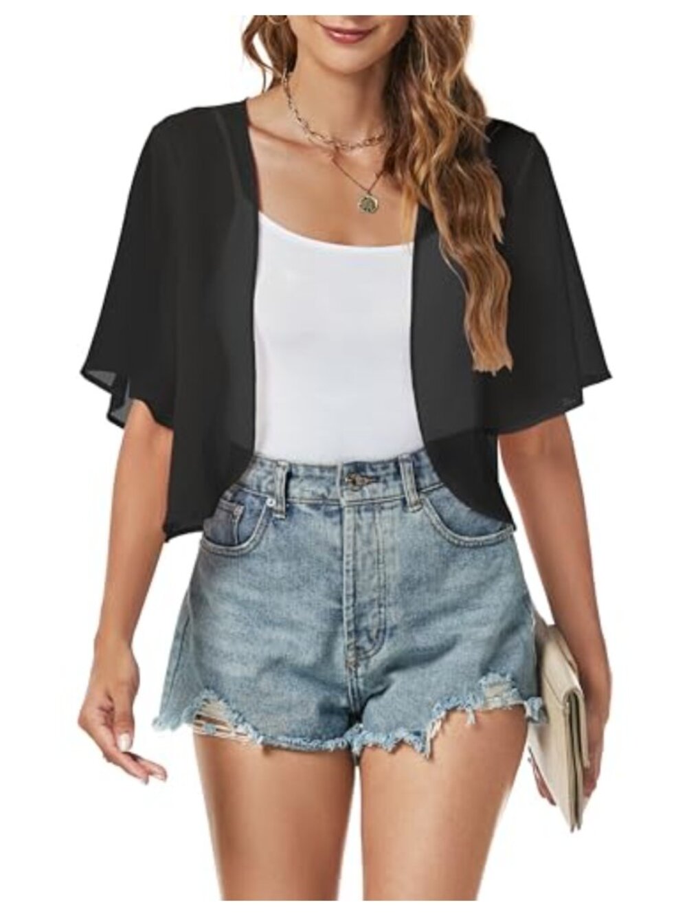 Women Chiffon Shrug Cardigan Open Front Short Sleeve Sheer Bolero